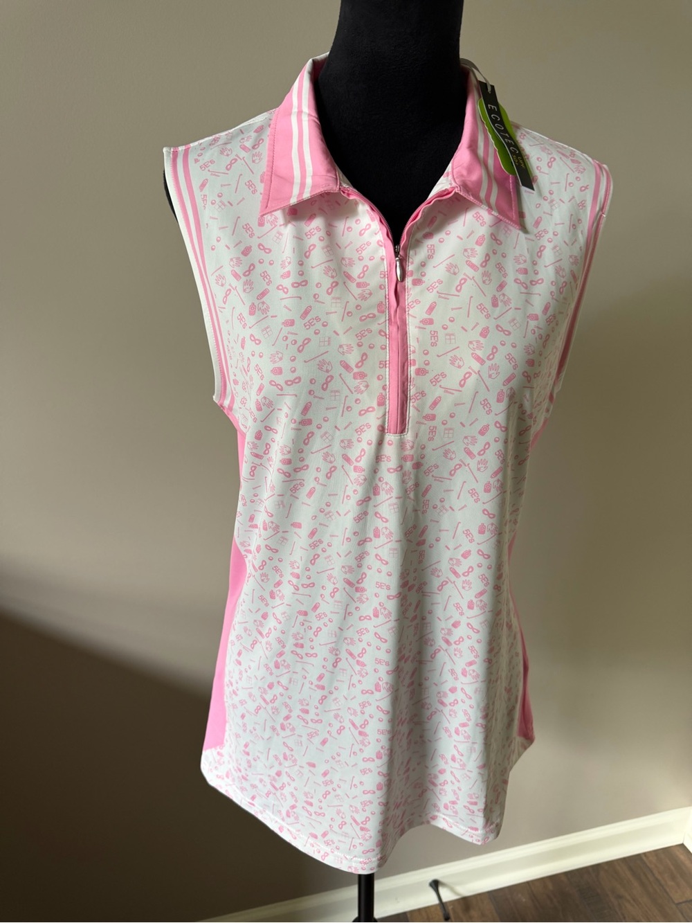 Repreve NEW W/Tags Sleeveless Pink & White Print Polo Top  UPF 50+ XLarge